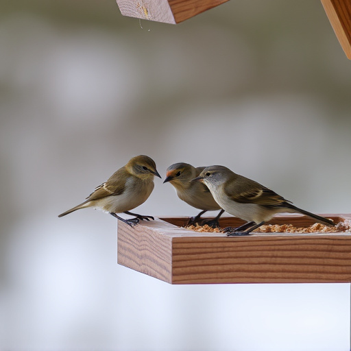 Small birds feeding on wooden station
