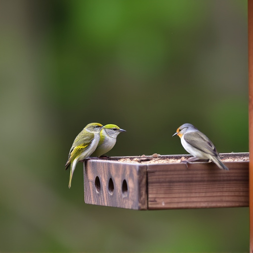 Small birds feeding on wooden station