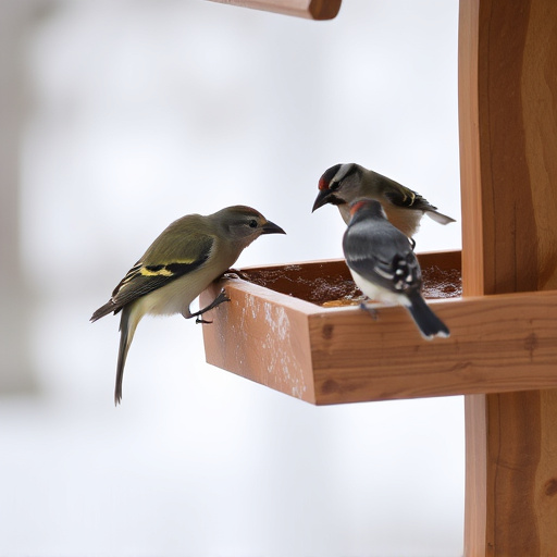 Small birds feeding on wooden station