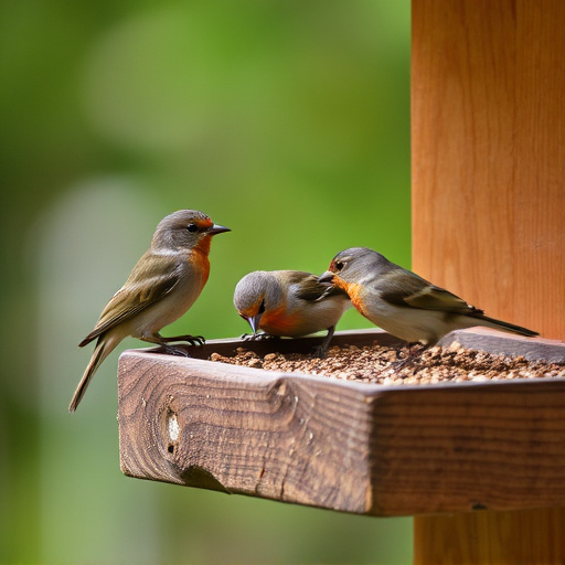 Small birds feeding on wooden station