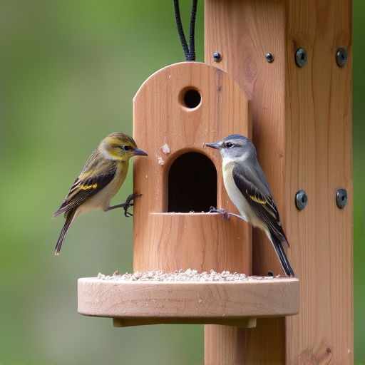 Small birds feeding on wooden station