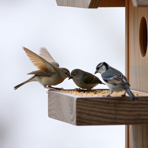 Small birds feeding on wooden station