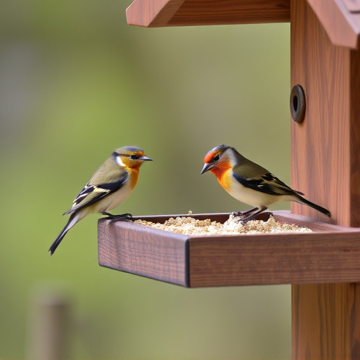 Small birds feeding on wooden station
