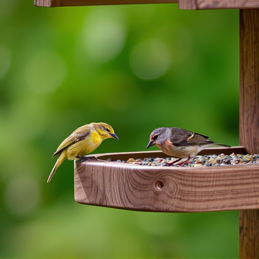 Small birds feeding on wooden station