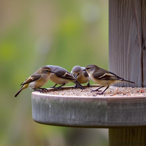 Small birds feeding on wooden station