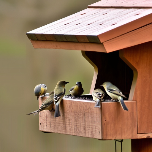 Small birds feeding on wooden station