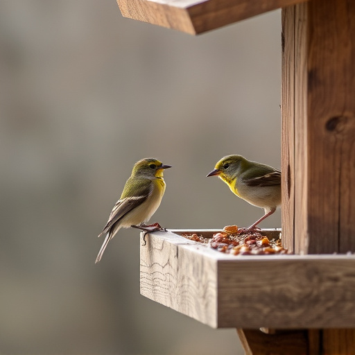 Small birds feeding on wooden station
