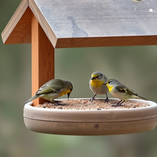 Small birds feeding on wooden station