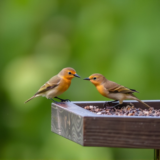 Small birds feeding on wooden station