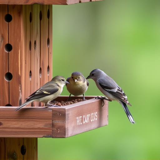 Small birds feeding on wooden station