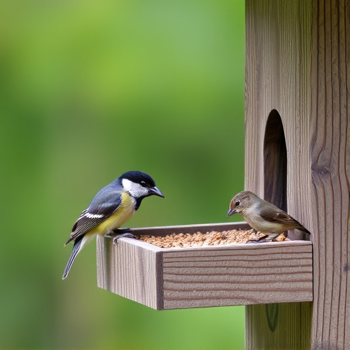 Small birds feeding on wooden station