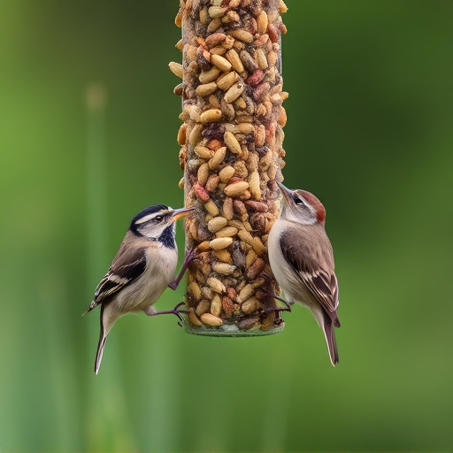 Small birds pecking at seed assortment
