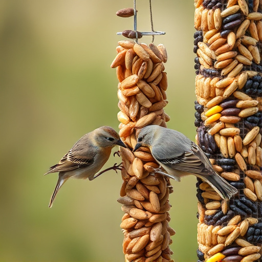 Small birds pecking at seed assortment