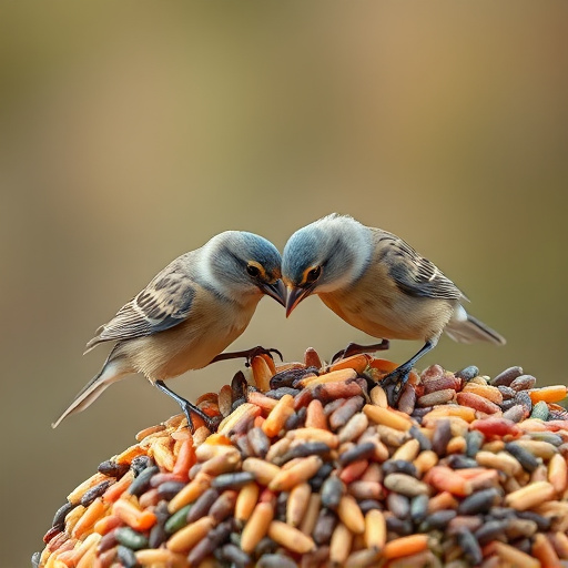 Small birds pecking at seed assortment