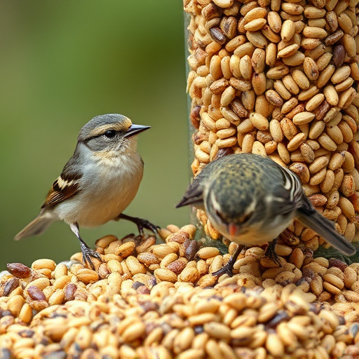 Small birds pecking at seed assortment