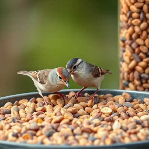 Small birds pecking at seed assortment