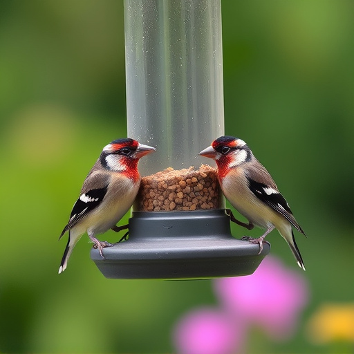 Small finches eating from garden feeder