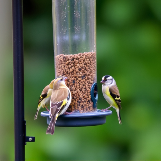 Small finches eating from garden feeder