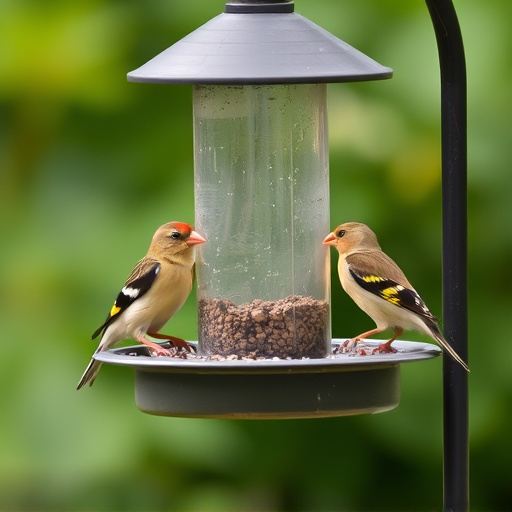 Small finches eating from garden feeder