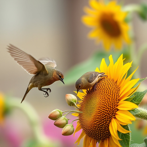 Small garden birds eating sunflower hearts