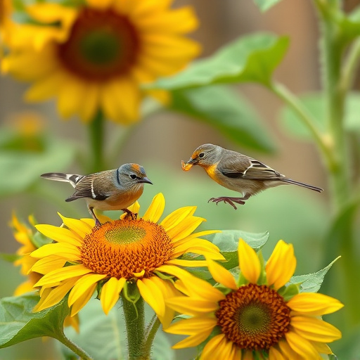 Small garden birds eating sunflower hearts