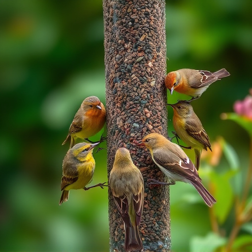 Small garden birds gathered around suet
