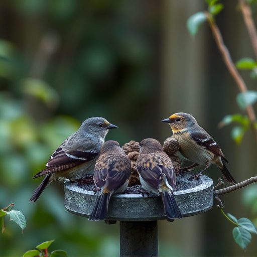 Small garden birds gathered around suet