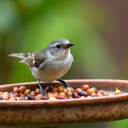 Small songbird feeding on mealworm tray