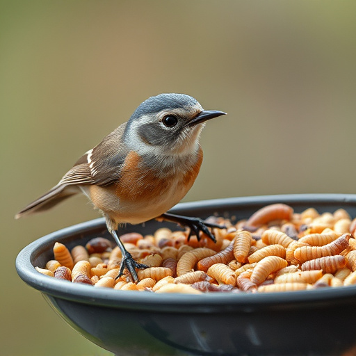 Small songbird feeding on mealworm tray