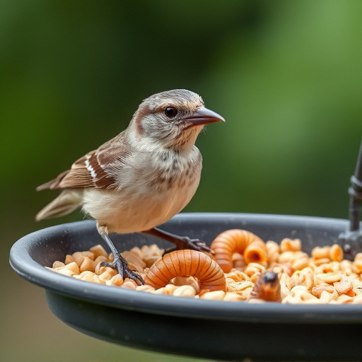 Small songbird feeding on mealworm tray