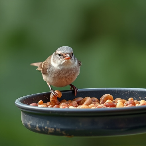 Small songbird feeding on mealworm tray