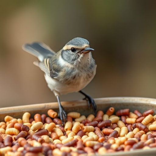 Small songbird feeding on mealworm tray