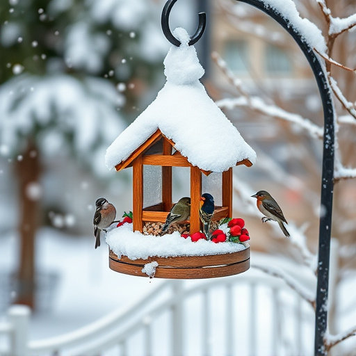 Snow-covered weatherproof bird feeder scene
