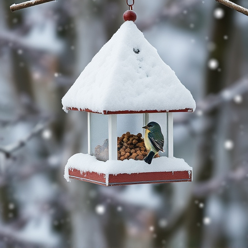 Snow-covered weatherproof bird feeder scene
