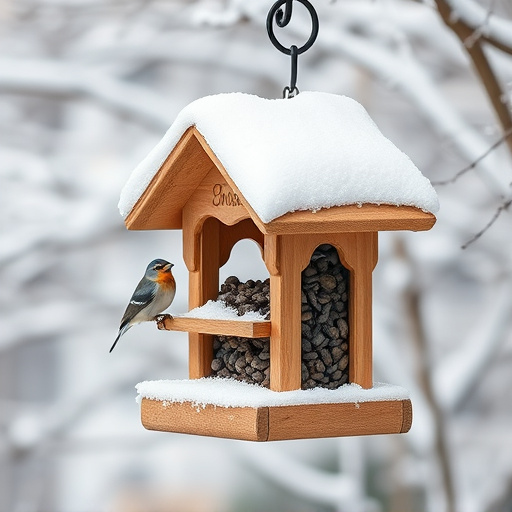 Snow-covered weatherproof bird feeder scene