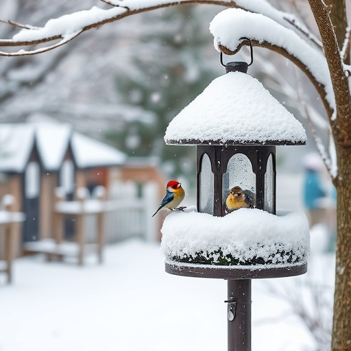 Snow-covered weatherproof bird feeder scene