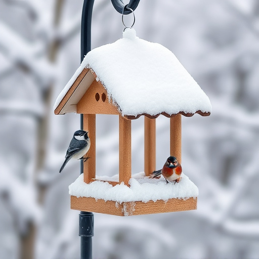 Snow-covered weatherproof bird feeder scene