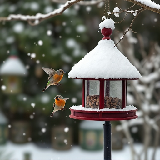 Snow-covered weatherproof bird feeder scene