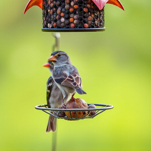 Sparrow clinging to hanging fat ball feeder