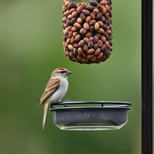 Sparrow clinging to hanging fat ball feeder