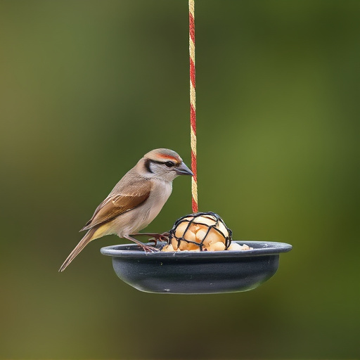 Sparrow clinging to hanging fat ball feeder