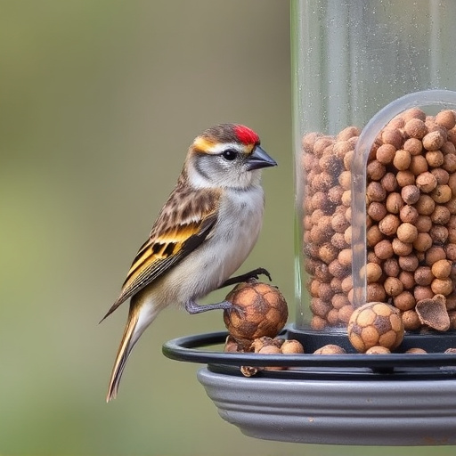 Sparrow clinging to hanging fat ball feeder