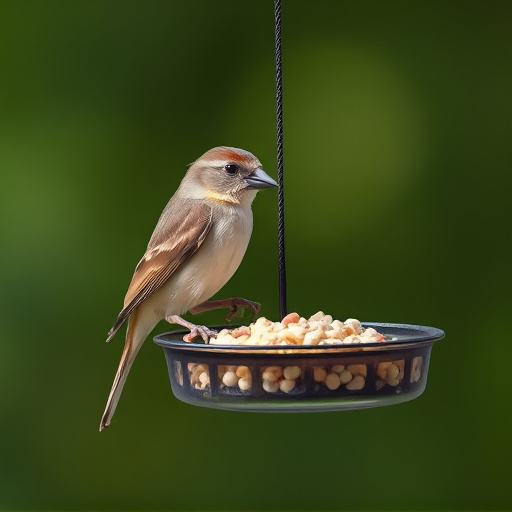 Sparrow clinging to hanging fat ball feeder