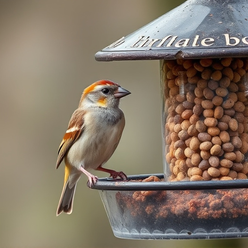 Sparrow clinging to hanging fat ball feeder