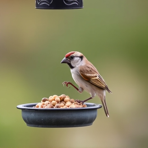 Sparrow clinging to hanging fat ball feeder