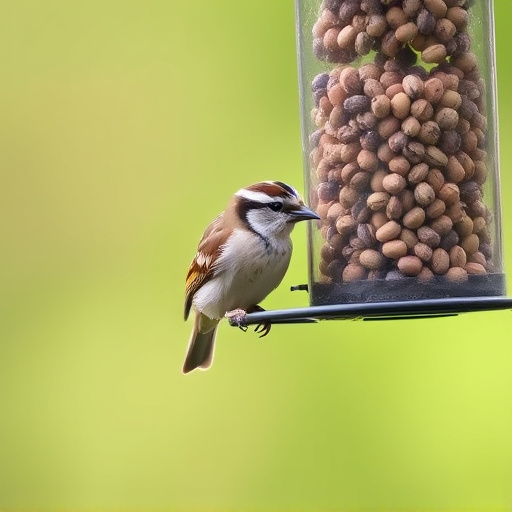 Sparrow clinging to hanging fat ball feeder