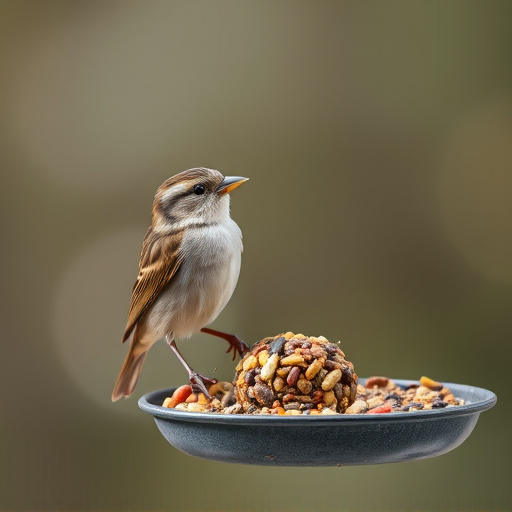 Sparrow clinging to hanging fat ball feeder