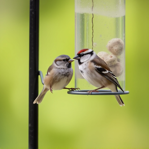 Sparrow clinging to hanging fat ball feeder