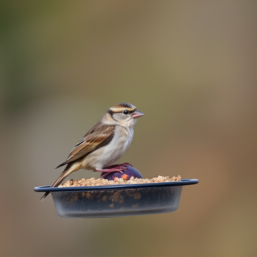 Sparrow clinging to hanging fat ball feeder