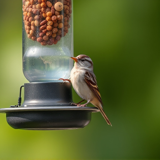 Sparrow clinging to hanging fat ball feeder